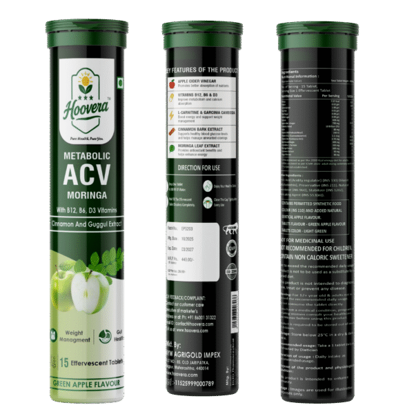 ACV Moringa Hoovera Metabolic ACV Moringa Effervescent Tablets – Green Apple & Lemon Masala Flavours (15 Tablets)
