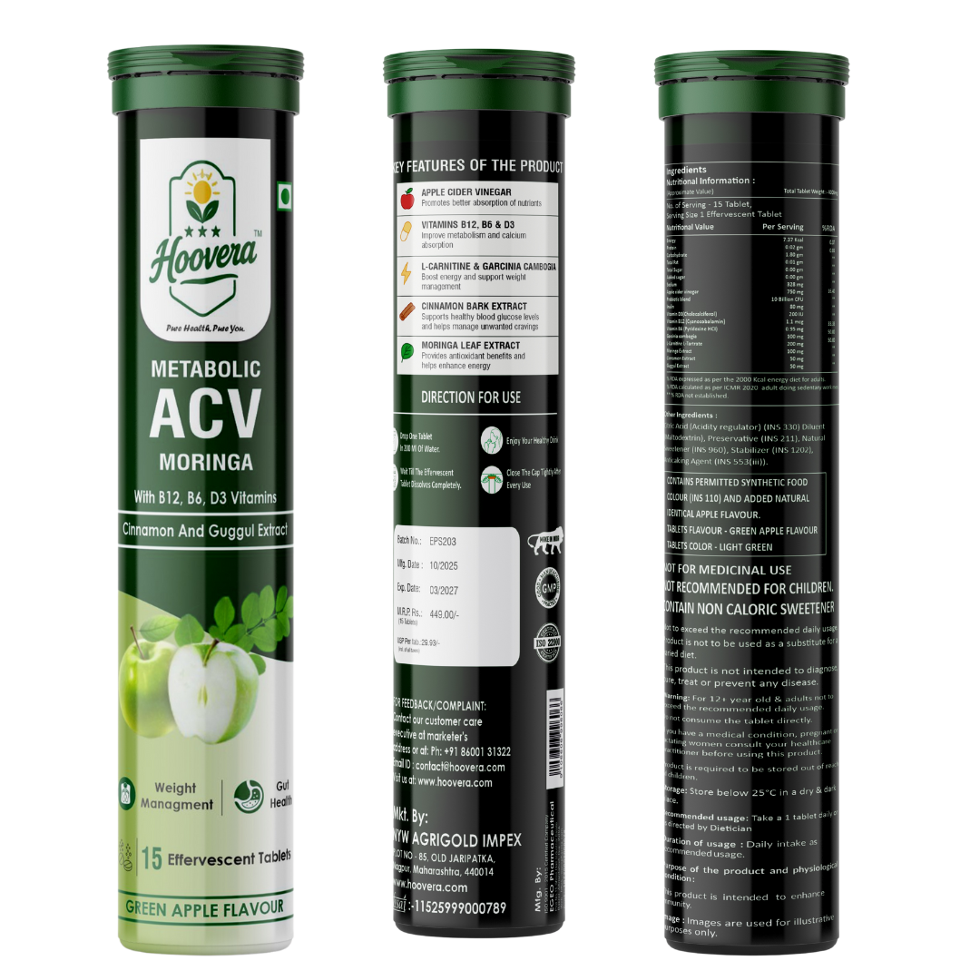 Hoovera Metabolic ACV Moringa Effervescent Tablets – Green Apple & Lemon Masala Flavours (15 Tablets) - Image 3