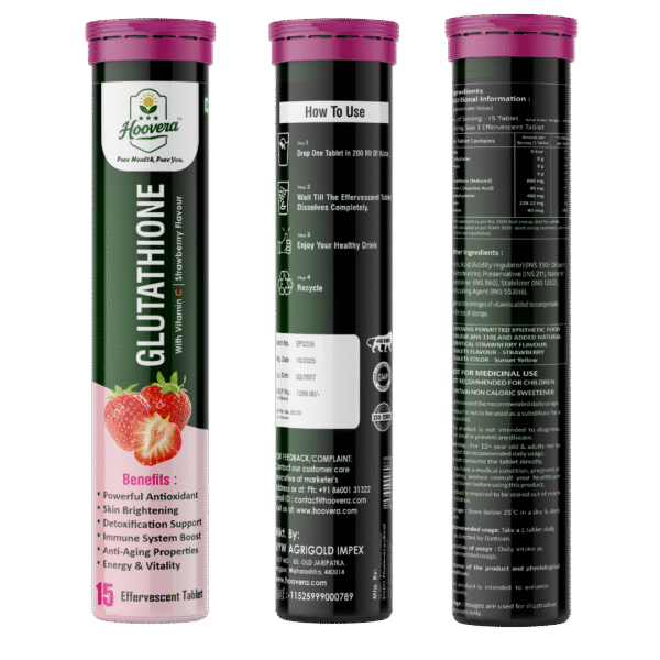 Hoovera Glutathione Effervescent Tablets – Advanced Skin Brightening & Detox Formula (Strawberry Flavour, 15 Tablets)